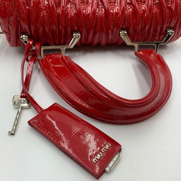 Auth Miu Miu Red Matelasse Enamel Leather 2way Madras Top Handle Handbag - Picture 10 of 16